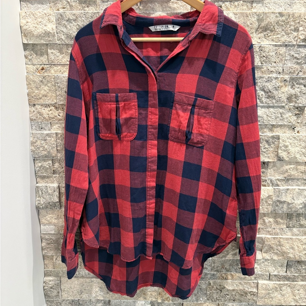 Cotton On Red and‎ Navy Plaid Shirt size M very soft fabric 💯% cotton